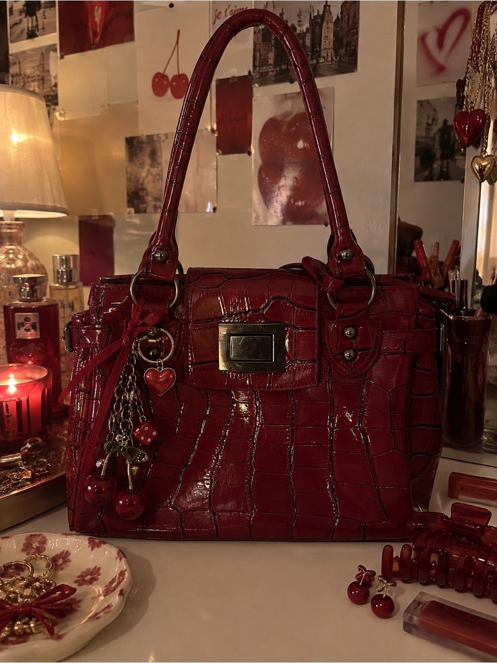 Y2K Vintage Red Patent Croc Embossed Shoulder Bag Handbag Purse
